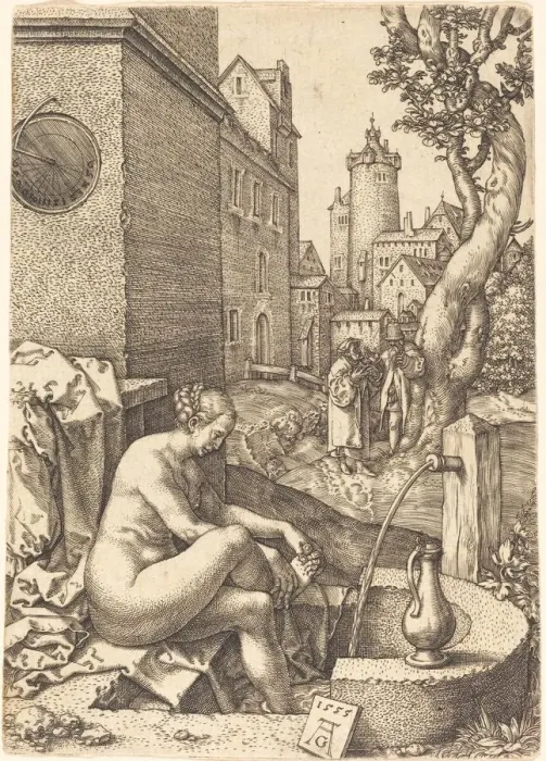 Framed Print : Susanna Surprised by the Two Elders, 1555. Creator: Heinrich Aldegrever Framed Print : Susanna Surprised by the Two Elders, 1555. Creator: Heinrich Aldegrever