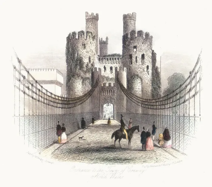 Framed Print : Suspension bridge over the Conwy estuary, Wales, c1840. Artist: Newman & Co Framed Print : Suspension bridge over the Conwy estuary, Wales, c1840. Artist: Newman & Co