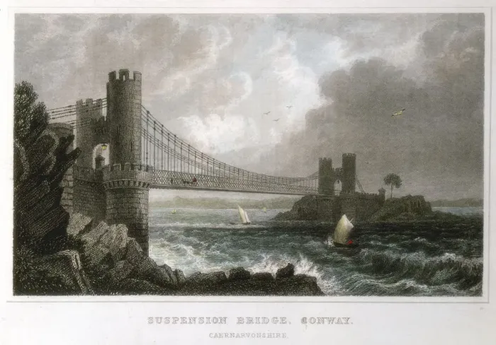 Framed Print : Suspension bridge over the Conwy estuary, Wales, c1840 Framed Print : Suspension bridge over the Conwy estuary, Wales, c1840