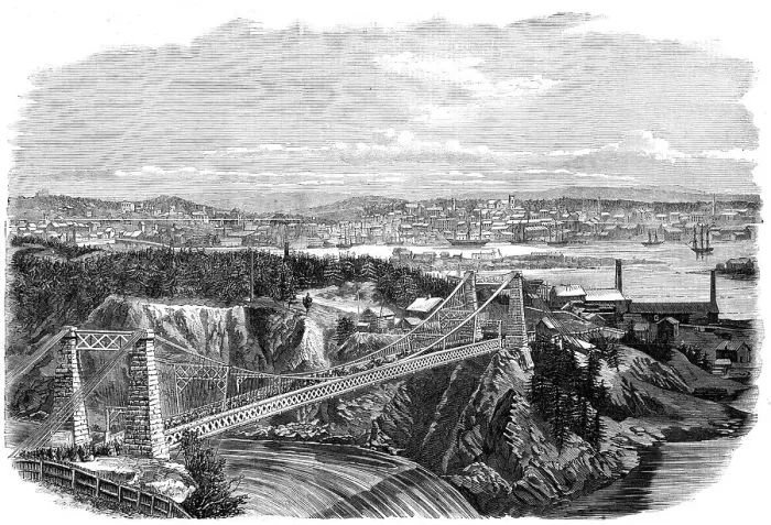 Framed Print : The Suspension Bridge over the River St. John, New Brunswick, visited by the Prince of Wales... 186 Creator: Unknown Framed Print : The Suspension Bridge over the River St. John, New Brunswick, visited by the Prince of Wales... 186 Creator: Unknown