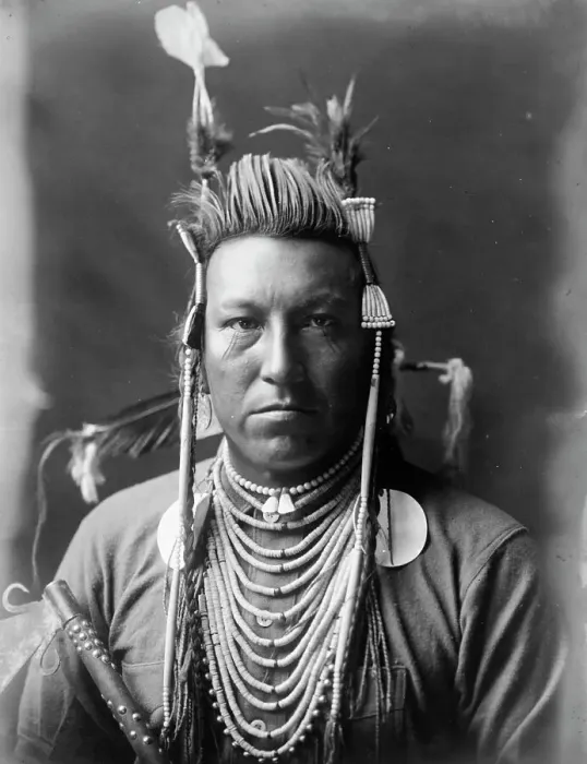 Framed Print : Swallow Bird, Crow Indian, Montana, head-and-shoulders portrait, facing front, painted... c1908. Creator: Edward Sheriff Curtis Framed Print : Swallow Bird, Crow Indian, Montana, head-and-shoulders portrait, facing front, painted... c1908. Creator: Edward Sheriff Curtis