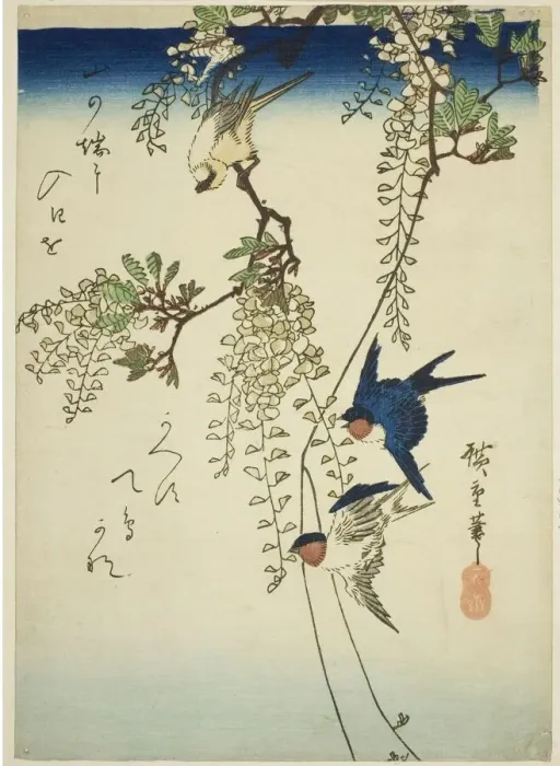 Framed Print : Swallow, yellow bird, and wisteria, 1830s-1840s. Creator: Ando Hiroshige Framed Print : Swallow, yellow bird, and wisteria, 1830s-1840s. Creator: Ando Hiroshige