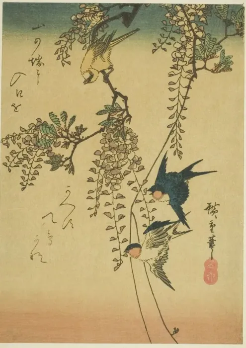 Framed Print : Swallow, yellow bird, and wisteria, 1830s-1840s. Creator: Ando Hiroshige Framed Print : Swallow, yellow bird, and wisteria, 1830s-1840s. Creator: Ando Hiroshige