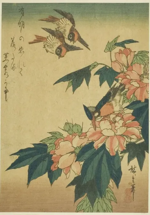 Framed Print : Swallows, kingfisher, and hibiscus, c. 1830s. Creator: Ando Hiroshige Framed Print : Swallows, kingfisher, and hibiscus, c. 1830s. Creator: Ando Hiroshige