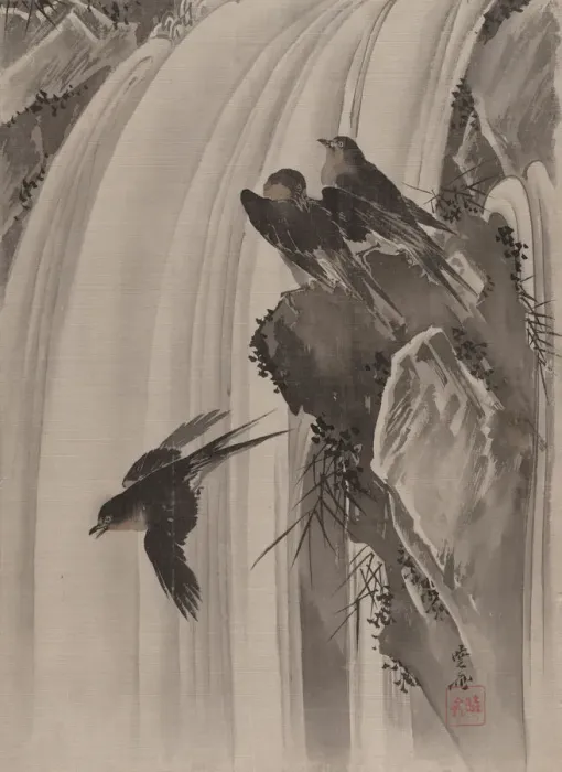Framed Print : Swallows by a Waterfall, ca. 1887. Creator: Kawanabe Kyosai Framed Print : Swallows by a Waterfall, ca. 1887. Creator: Kawanabe Kyosai