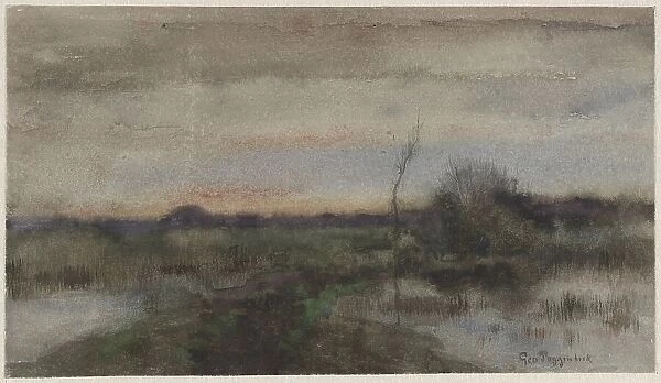 Swamp landscape with sunset, 1863-1903. Creator: George Poggenbeek