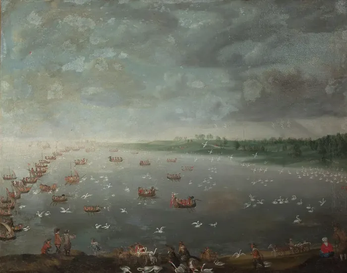 Framed Print : Swan Hunt, 1699-1798. Creator: David de Coninck