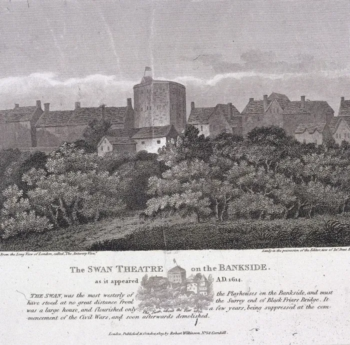 Framed Print : The Swan Theatre, Bankside, Southwark, London, c1614 Framed Print : The Swan Theatre, Bankside, Southwark, London, c1614