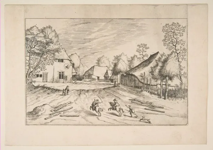 Framed Print : The Swans Inn with Farms from the series The Small Landscapes, 1559-61 Framed Print : The Swans Inn with Farms from the series The Small Landscapes, 1559-61
