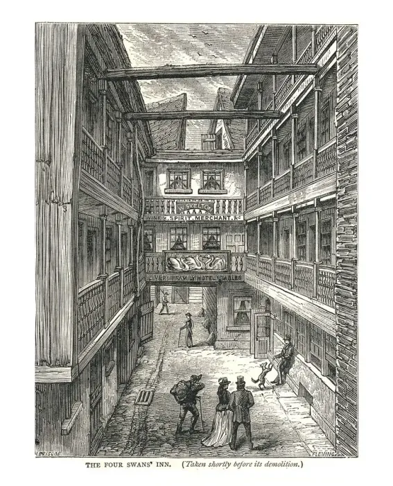 Framed Print : The Four Swans Inn shortly before demolition, 1878. Artist: Walter Thornbury Framed Print : The Four Swans Inn shortly before demolition, 1878. Artist: Walter Thornbury