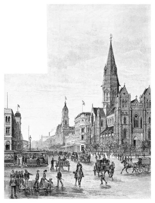 Framed Print : Swanston Street looking north, Melbourne, Victoria, Australia, 1886. Artist: Johnson Framed Print : Swanston Street looking north, Melbourne, Victoria, Australia, 1886. Artist: Johnson
