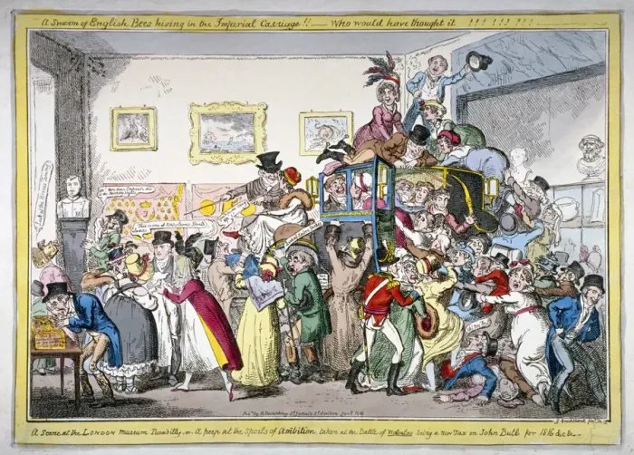 Framed Print : A swarm of English bees hiving in the Imperial carriage!! a scene at the London Museum, 1816 Framed Print : A swarm of English bees hiving in the Imperial carriage!! a scene at the London Museum, 1816
