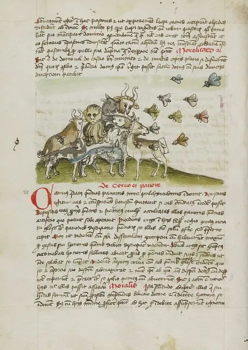 Framed Print : A Swarm of Insects Flying above a Group of Animals; Fables, third quarter of 15th century. Creator: Unknown Framed Print : A Swarm of Insects Flying above a Group of Animals; Fables, third quarter of 15th century. Creator: Unknown