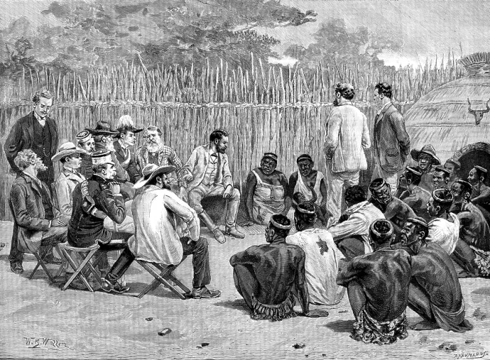 Framed Print : The Swazi Queen in Conference with the British and Transvaal Commissioners, 1890. Creator: P Naumann Framed Print : The Swazi Queen in Conference with the British and Transvaal Commissioners, 1890. Creator: P Naumann