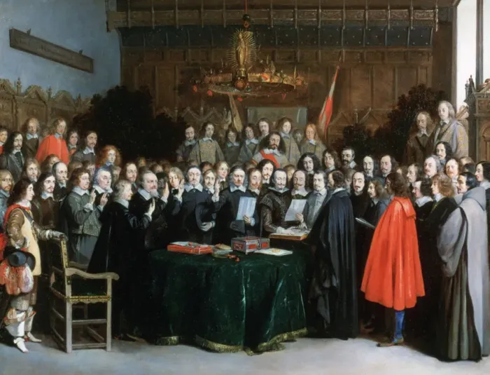 Framed Print : The Swearing of the Oath of Ratification of the Treaty of Munster, 1648. Artist: Gerard Terborch II Framed Print : The Swearing of the Oath of Ratification of the Treaty of Munster, 1648. Artist: Gerard Terborch II