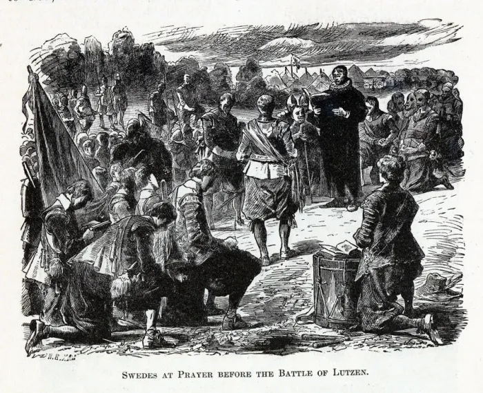 Framed Print : Swedes at Prayer before the Battle of Lutzen, 1882. Artist: Anonymous Framed Print : Swedes at Prayer before the Battle of Lutzen, 1882. Artist: Anonymous