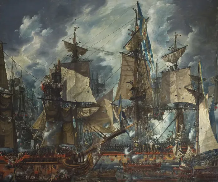 Framed Print : The Swedish command ship Gustaf III after the Battle of Hogland in 1788, 1794. Creator: Louis Jean Desprez Framed Print : The Swedish command ship Gustaf III after the Battle of Hogland in 1788, 1794. Creator: Louis Jean Desprez