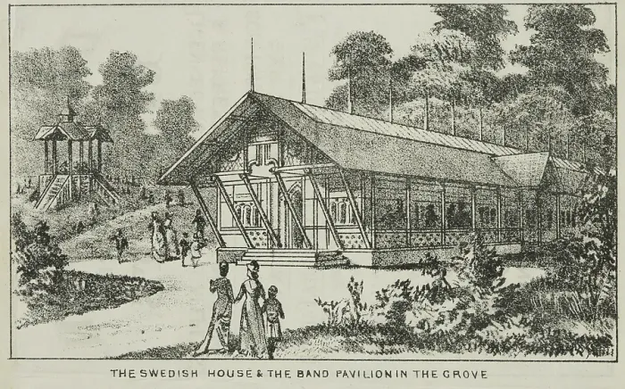 Framed Print : The Swedish House and the Band Pavilion in the Grove at Alexandra Palace, 19th century. Creator: Unknown Framed Print : The Swedish House and the Band Pavilion in the Grove at Alexandra Palace, 19th century. Creator: Unknown