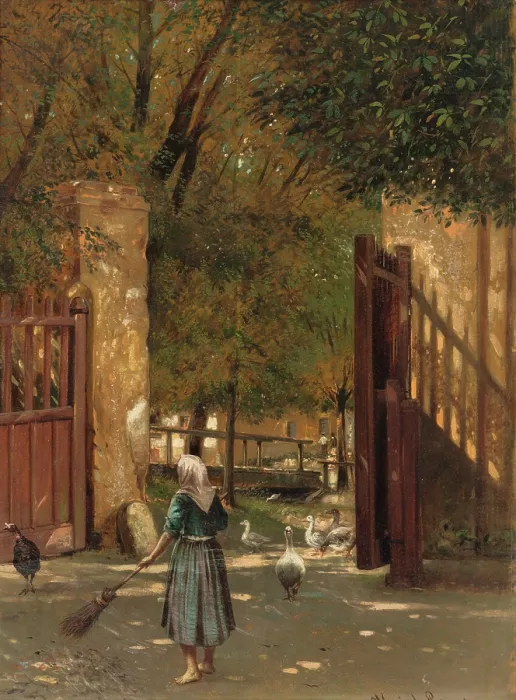 Framed Print : Sweeping the courtyard, 1902. Creator: Eduard Majsch Framed Print : Sweeping the courtyard, 1902. Creator: Eduard Majsch