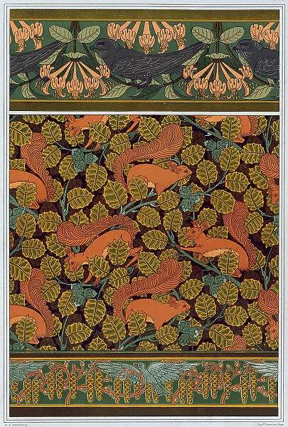 Swifts and honeysuckle. Squirrel and hazelnut. Birds and blooming hazel tree, 1897. Creator: Verneuil, Maurice Pillard (1869-1942)