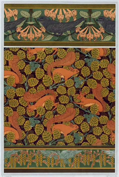 Framed Print : Swifts and honeysuckle. Squirrel and hazelnut. Birds and blooming hazel tree, 1897. Creator: Verneuil, Maurice Pillard (1869-1942) Framed Print : Swifts and honeysuckle. Squirrel and hazelnut. Birds and blooming hazel tree, 1897. Creator: Verneuil, Maurice Pillard (1869-1942)