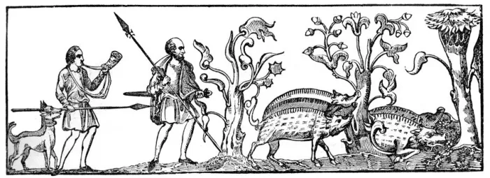 Framed Print : Swine hunting, 9th century, (1833)