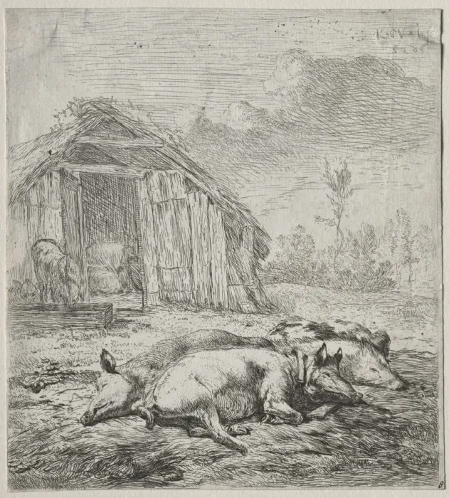 Framed Print : Three Swine Lying in Front of a Sty. Creator: Karel Dujardin (Dutch, c. 1622-1678) Framed Print : Three Swine Lying in Front of a Sty. Creator: Karel Dujardin (Dutch, c. 1622-1678)