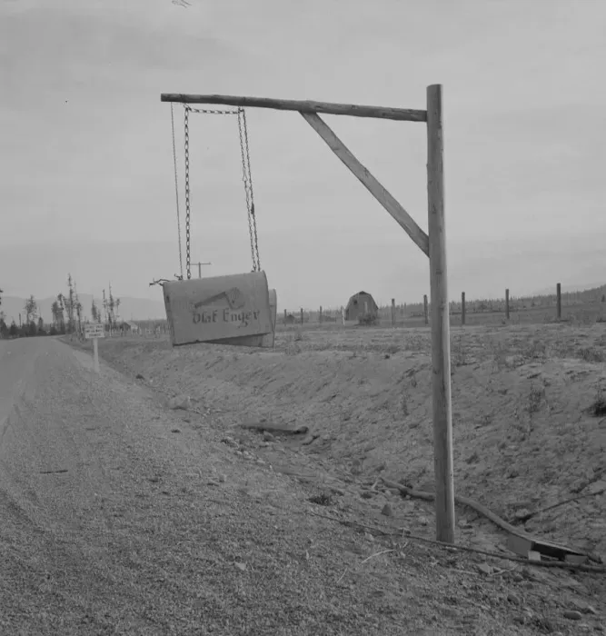 Framed Print : Swinging mail boxes in country where snow is deep in winter, Boundary County, Idaho, 1939. Creator: Dorothea Lange Framed Print : Swinging mail boxes in country where snow is deep in winter, Boundary County, Idaho, 1939. Creator: Dorothea Lange