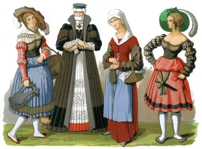 Framed Print : Swiss costumes, 15th-16th century (1849). Artist: Edward May