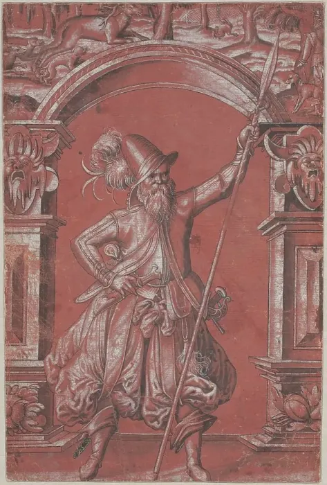 Framed Print : A Swiss Guard before an Ornamental Arch (recto), 1568. Creator: Abraham Bickhart Framed Print : A Swiss Guard before an Ornamental Arch (recto), 1568. Creator: Abraham Bickhart