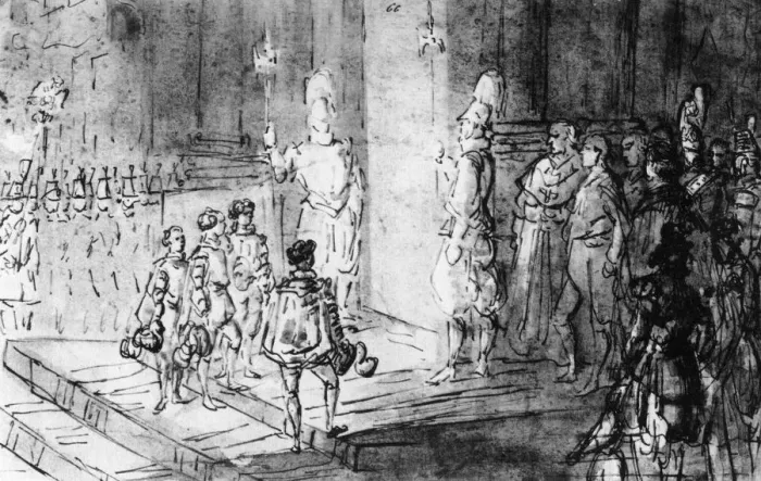 Framed Print : Swiss Guards and French Soldiers at the Vatican, (1930). Artist: Constantin Guys Framed Print : Swiss Guards and French Soldiers at the Vatican, (1930). Artist: Constantin Guys