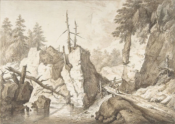Swiss mountain landscape with small bridge spanning a brook, 1751-81. Creator: Franz Schutz