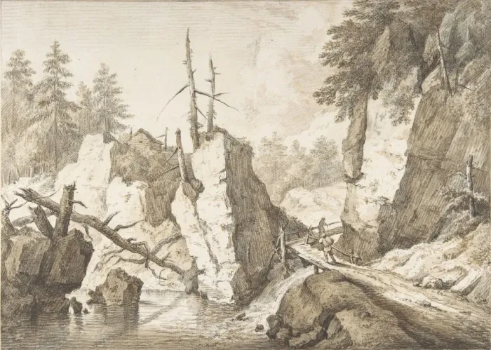 Framed Print : Swiss mountain landscape with small bridge spanning a brook, 1751-81. Creator: Franz Schutz Framed Print : Swiss mountain landscape with small bridge spanning a brook, 1751-81. Creator: Franz Schutz