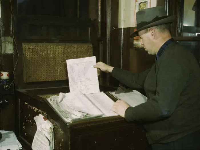 Framed Print : Switch lists coming in by teletype to the hump office at a C& NW RR yard, Chicago, Ill. 1942. Creator: Jack Delano Framed Print : Switch lists coming in by teletype to the hump office at a C& NW RR yard, Chicago, Ill. 1942. Creator: Jack Delano