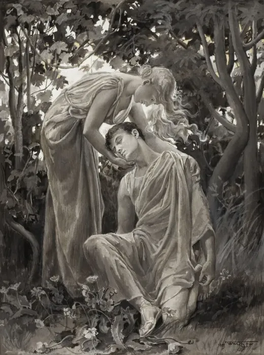Framed Print : Swooned Murmuring of Love, and Pale with Pain, 1885. Creator: Will H. Low Framed Print : Swooned Murmuring of Love, and Pale with Pain, 1885. Creator: Will H. Low