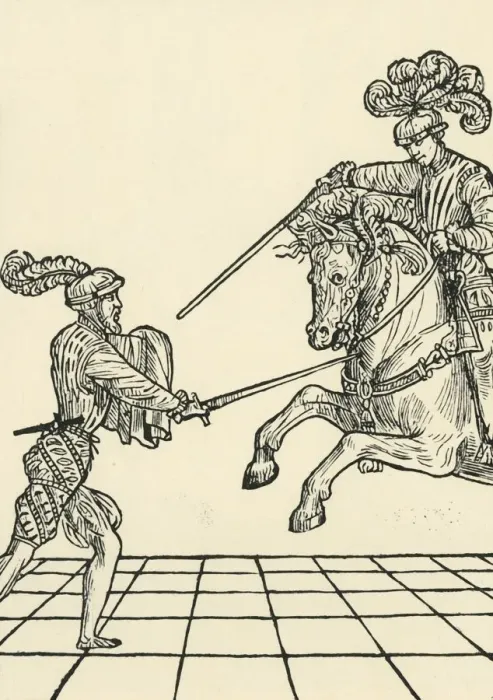Framed Print : Sword fight between foot-soldier and knight, c1536, (1903). Creator: Unknown