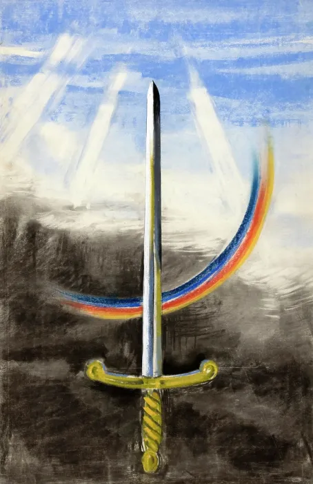 Framed Print : A sword pointing vertically upwards, on a section of rainbow, between 1939 and 1946. Creators: Unknown, Central Office of Information Framed Print : A sword pointing vertically upwards, on a section of rainbow, between 1939 and 1946. Creators: Unknown, Central Office of Information