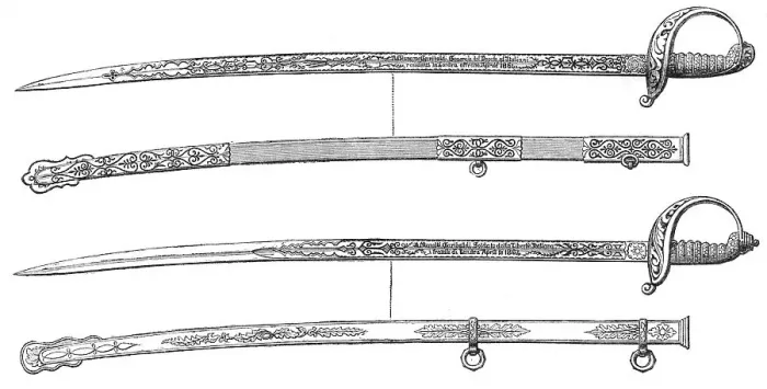 Framed Print : Swords presented to Garibaldi and his son Menotti at the Crystal Palace, 1864. Creator: Unknown Framed Print : Swords presented to Garibaldi and his son Menotti at the Crystal Palace, 1864. Creator: Unknown