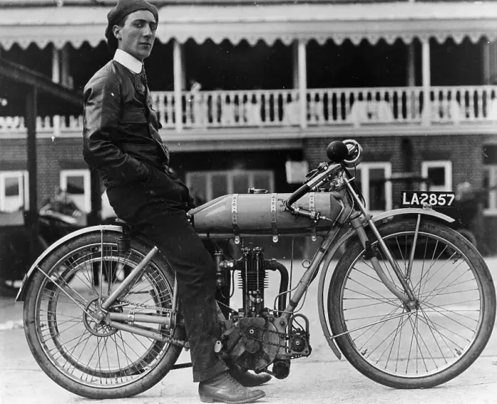 Framed Print : Syd Justien Tessier, on a 1910 Bat 3.5 Litre bike, (1910?) Framed Print : Syd Justien Tessier, on a 1910 Bat 3.5 Litre bike, (1910?)