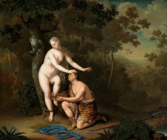 Framed Print : Sylvia freed by Aminta, 1700s. Creator: Mieris, Willem van (1662-1747) Framed Print : Sylvia freed by Aminta, 1700s. Creator: Mieris, Willem van (1662-1747)