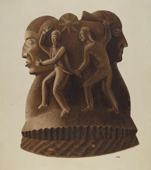 Framed Print : Symbolic Figure Carvings, c. 1938. Creator: Joseph L. Boyd Framed Print : Symbolic Figure Carvings, c. 1938. Creator: Joseph L. Boyd