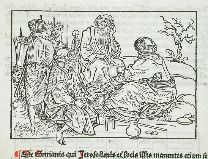 Framed Print : Syrian Vineyard Workers Pausing for a Meal (recto); Text with Table (verso), published 1486. Creator: Erhard Reuwich Framed Print : Syrian Vineyard Workers Pausing for a Meal (recto); Text with Table (verso), published 1486. Creator: Erhard Reuwich