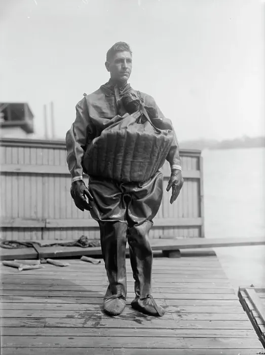 Framed Print : T. Aud in Life Saving Suit, 1916. Creator: Harris & Ewing. T. Aud in Life Saving Suit, 1916. Creator: Harris & Ewing Framed Print : T. Aud in Life Saving Suit, 1916. Creator: Harris & Ewing. T. Aud in Life Saving Suit, 1916. Creator: Harris & Ewing