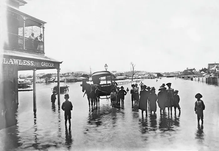 Framed Print : T. Lawless grocery shop on James Street, New Farm, during the 1893 Brisbane floods, 1893. Creator: Unknown. T Framed Print : T. Lawless grocery shop on James Street, New Farm, during the 1893 Brisbane floods, 1893. Creator: Unknown. T