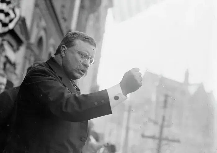 Framed Print : T. Roosevelt speaking, gesticulating with fist, outside, Yonkers, NY, 1910. Creator: Bain News Service Framed Print : T. Roosevelt speaking, gesticulating with fist, outside, Yonkers, NY, 1910. Creator: Bain News Service