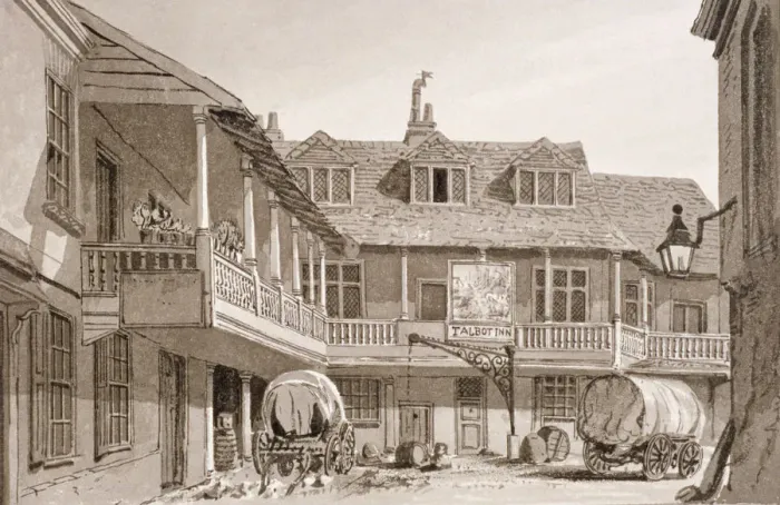 Framed Print : The Tabard Inn on Borough High Street, Southwark, London, 1827 Framed Print : The Tabard Inn on Borough High Street, Southwark, London, 1827