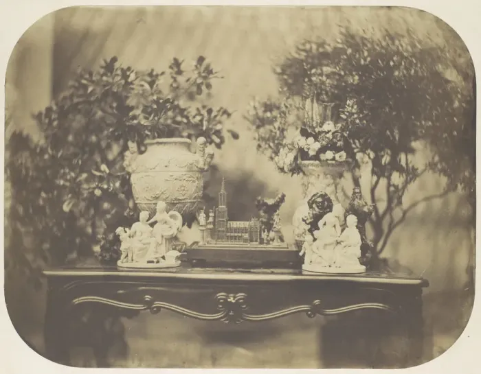 Framed Print : [Table Top Still Life with Model Cathedral and Small Sculptures], ca. 1856