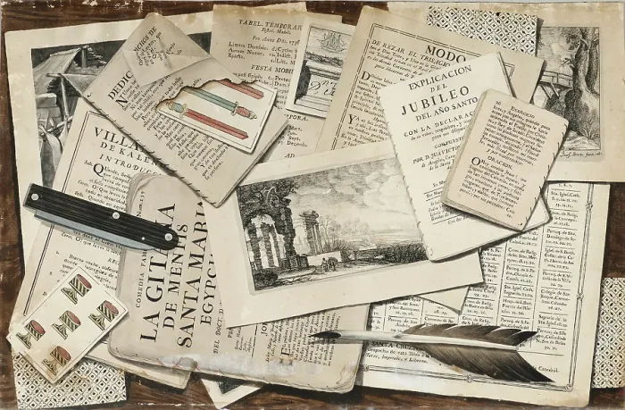 Framed Print : Table with messy papers, 1782. Creator: Perez Ruano, Jose (1750-1810)