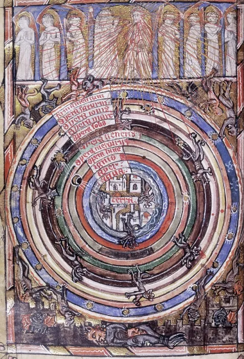 Framed Print : Table of the Spheres between Heaven and Hell, with the Fallen Angels becoming Devils, 1340-1350. Creator: Unknown Framed Print : Table of the Spheres between Heaven and Hell, with the Fallen Angels becoming Devils, 1340-1350. Creator: Unknown