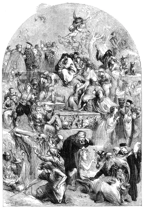Framed Print : Tableau of Shakspeare characters, designed by John Gilbert, 1864. Creator: W Thomas